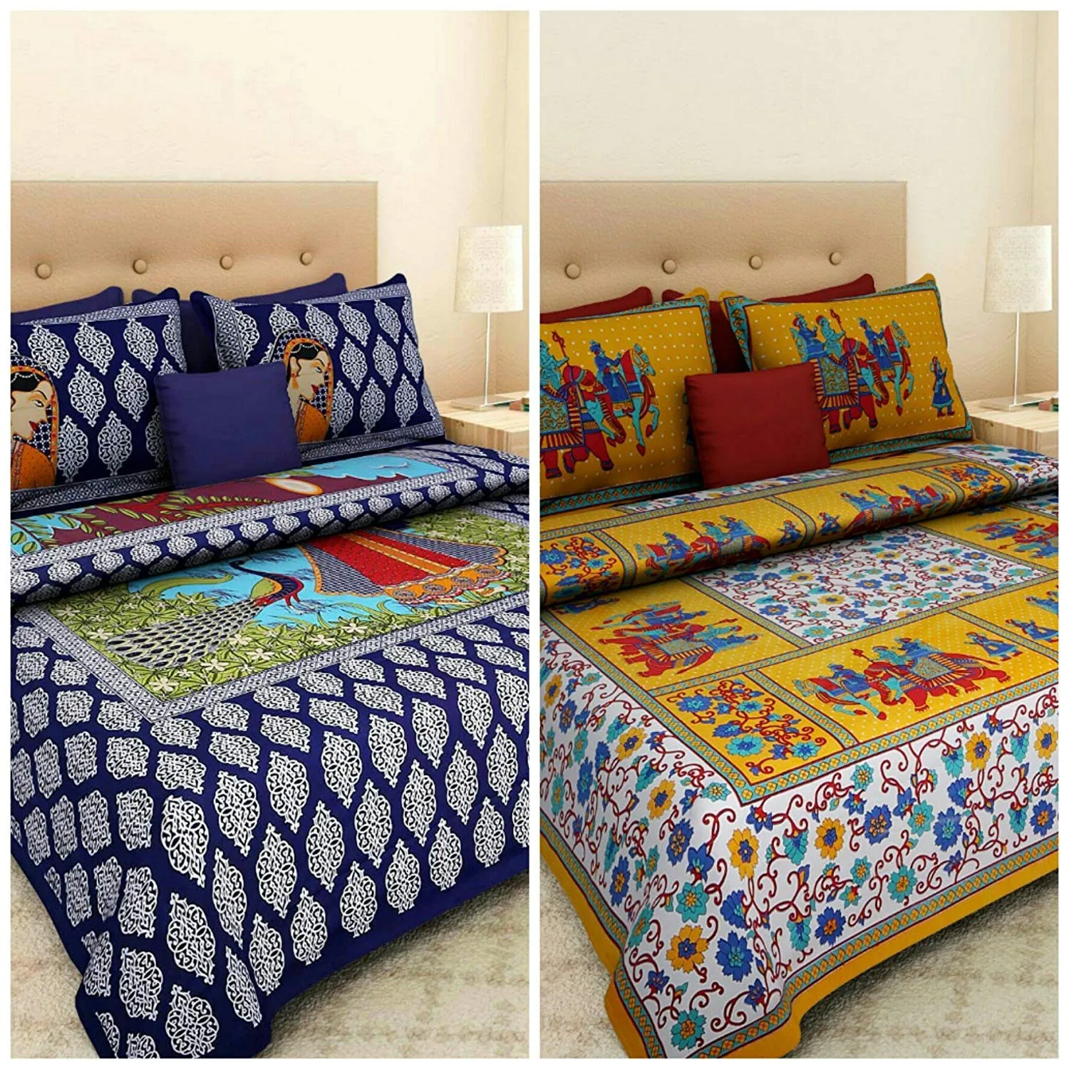 BedZone 100% Cotton Rajasthani Printed bedsheets Combo Double Bed Set 2 Double Bedsheet with 4 Pillow Cover - Multicolour