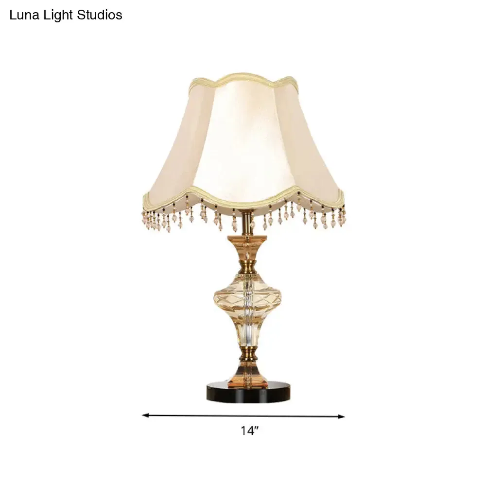 Beige Crystal-Drapped Bell Nightstand Lamp | Lodge Bedroom Light