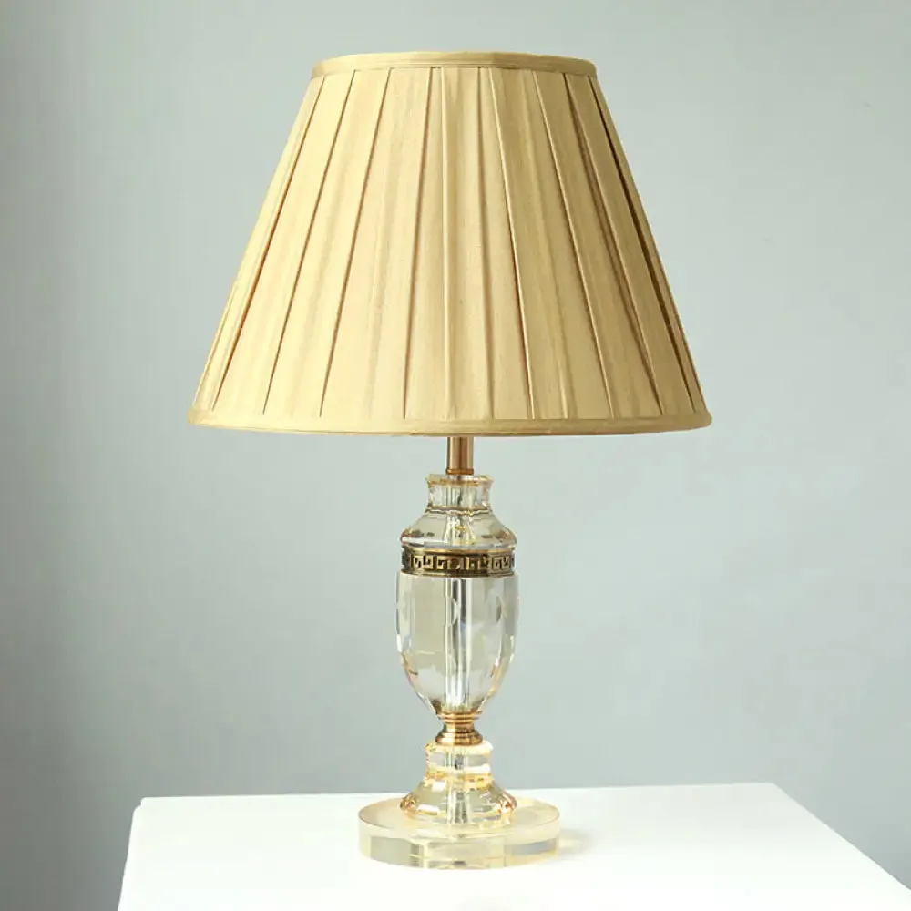 Beige Fabric Table Lamp with Gathered Empire Shade and Crystal Base - Countryside Night Light