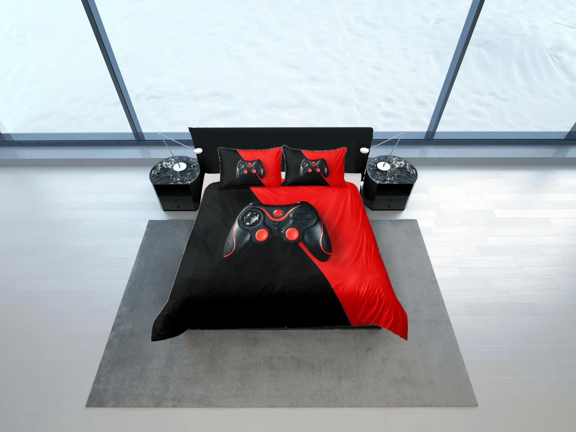 Black and red gamer bedding duvet cover, video gamer boyfriend gift bedding set full king queen twin, boys bedroom, college dorm bedding