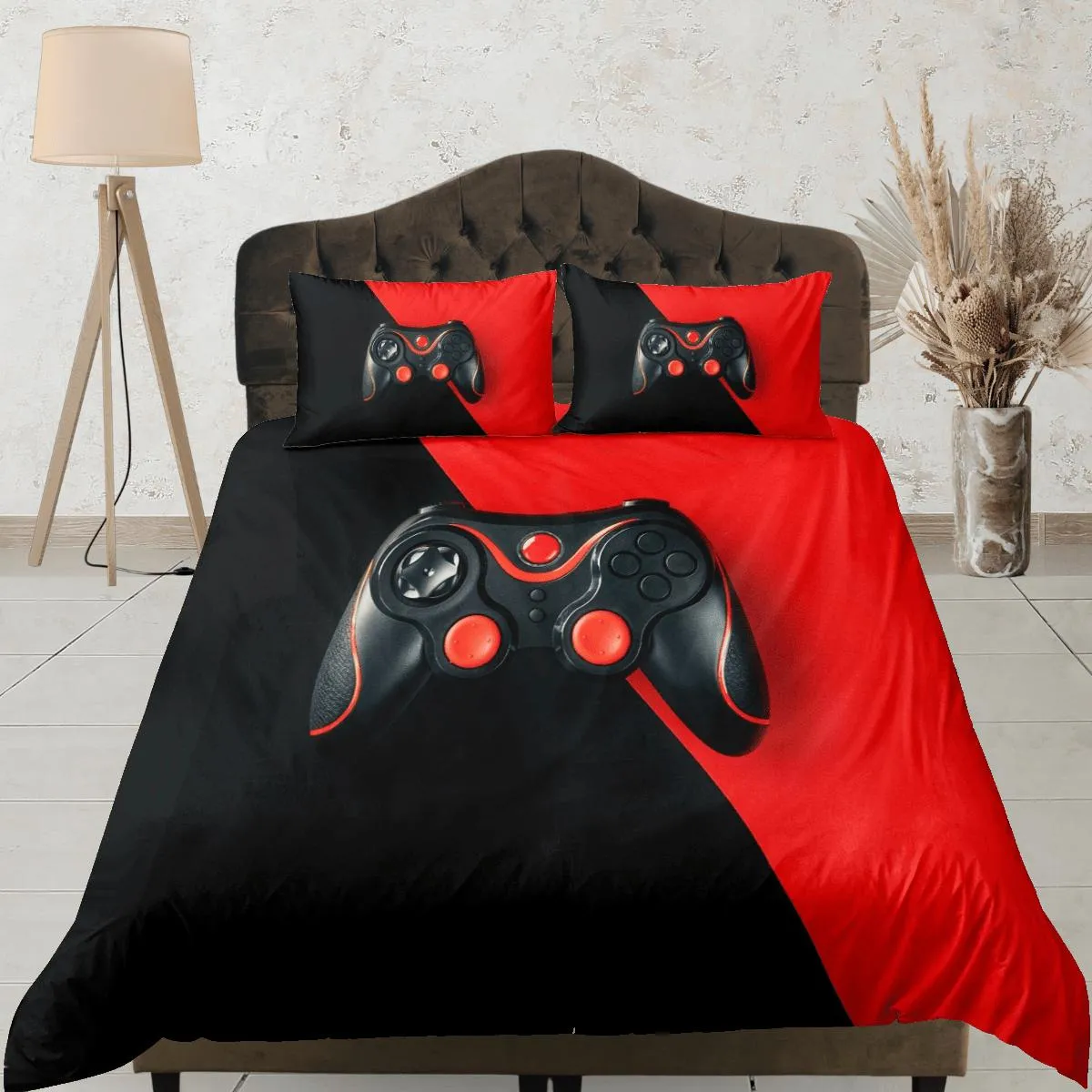 Black and red gamer bedding duvet cover, video gamer boyfriend gift bedding set full king queen twin, boys bedroom, college dorm bedding