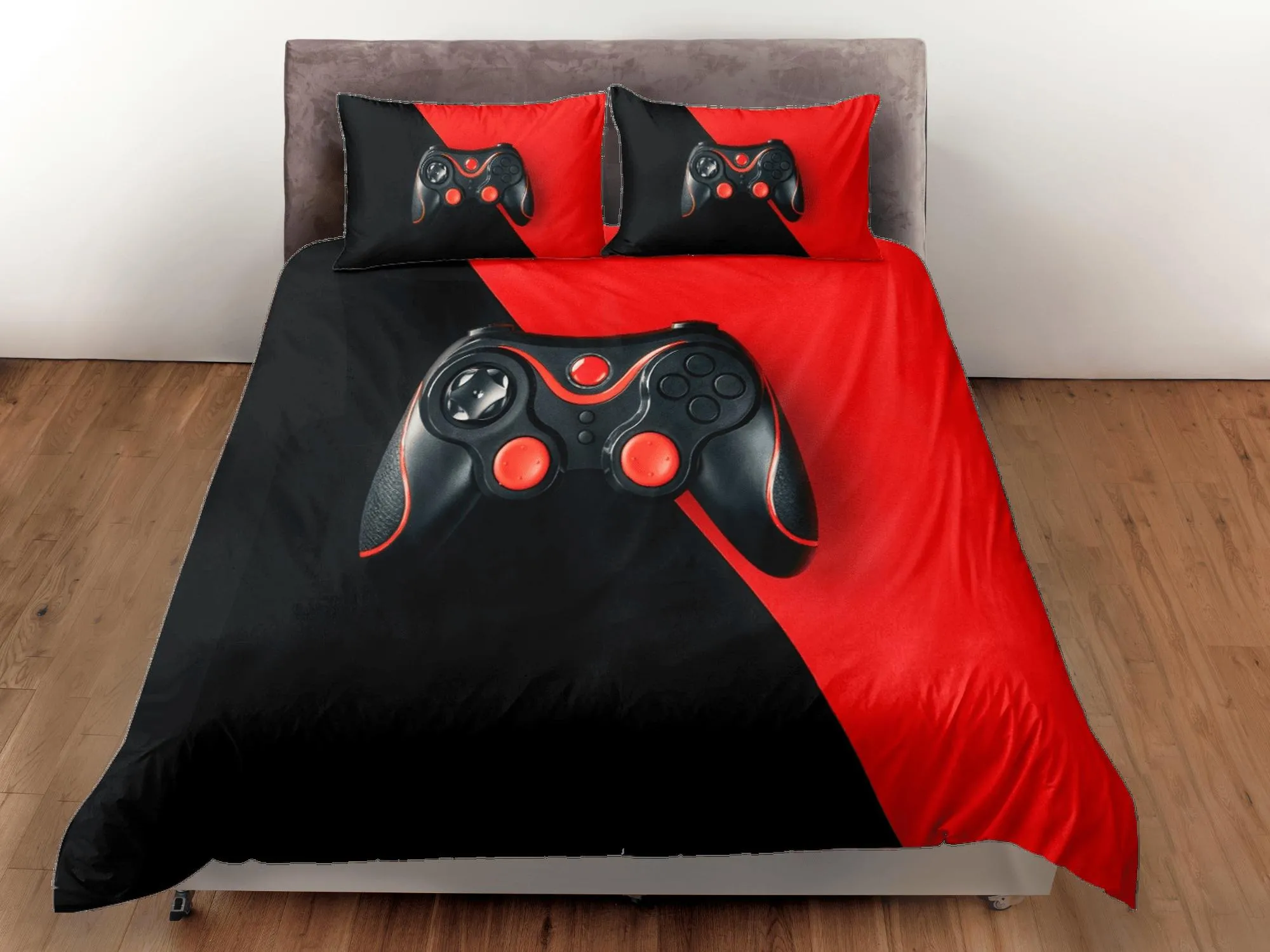 Black and red gamer bedding duvet cover, video gamer boyfriend gift bedding set full king queen twin, boys bedroom, college dorm bedding