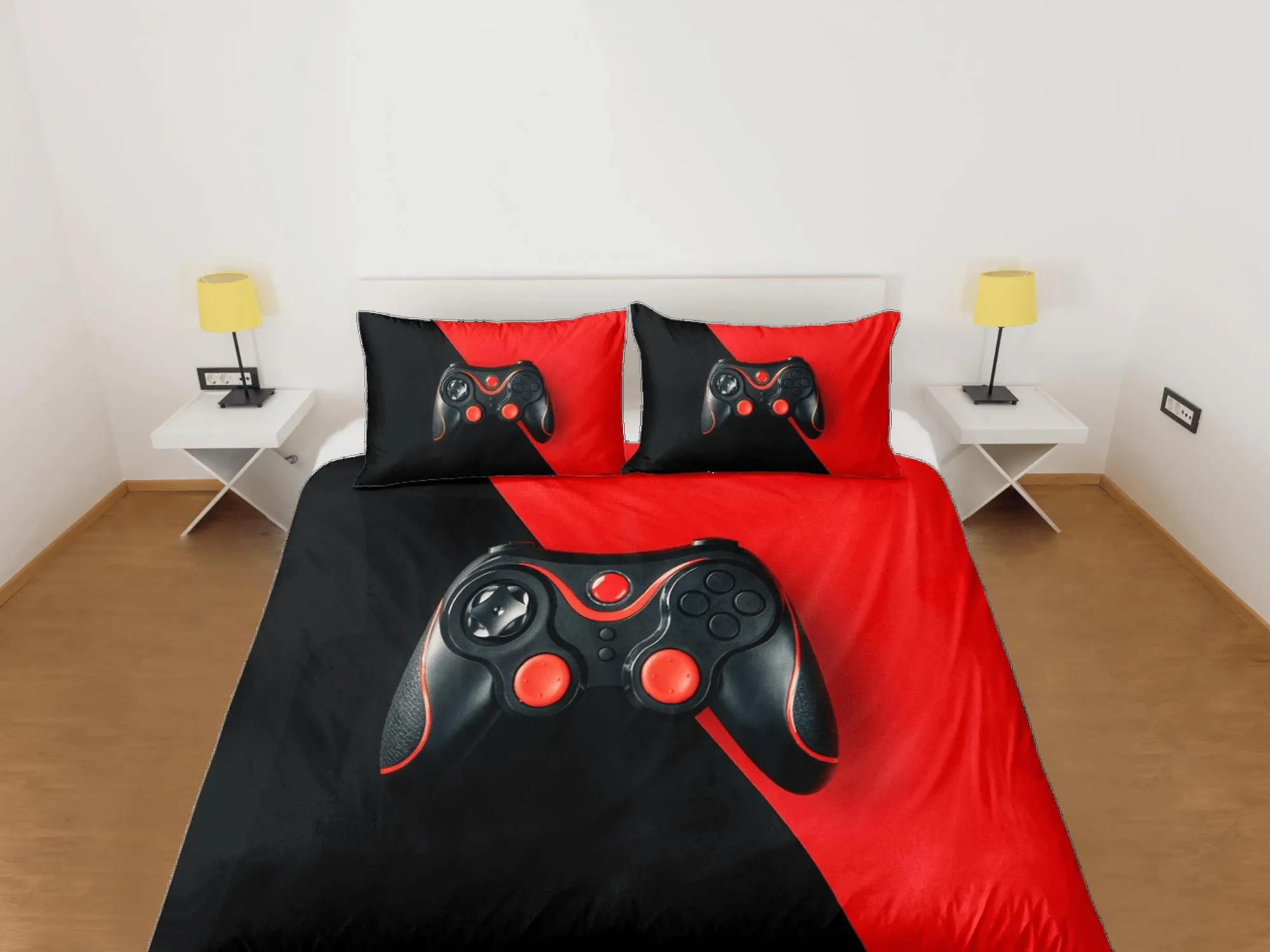 Black and red gamer bedding duvet cover, video gamer boyfriend gift bedding set full king queen twin, boys bedroom, college dorm bedding