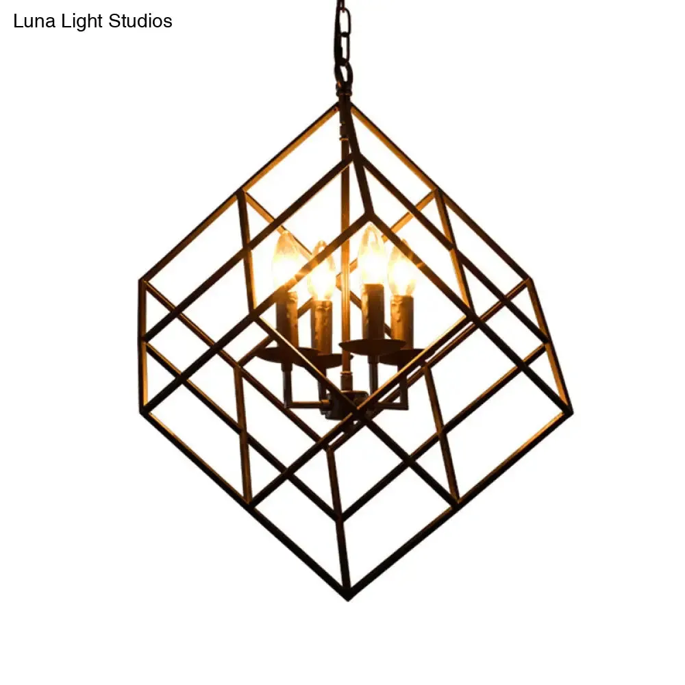 Black Industrial Metal Wire Square Chandelier Light - 4 Lights for Restaurant Ceiling