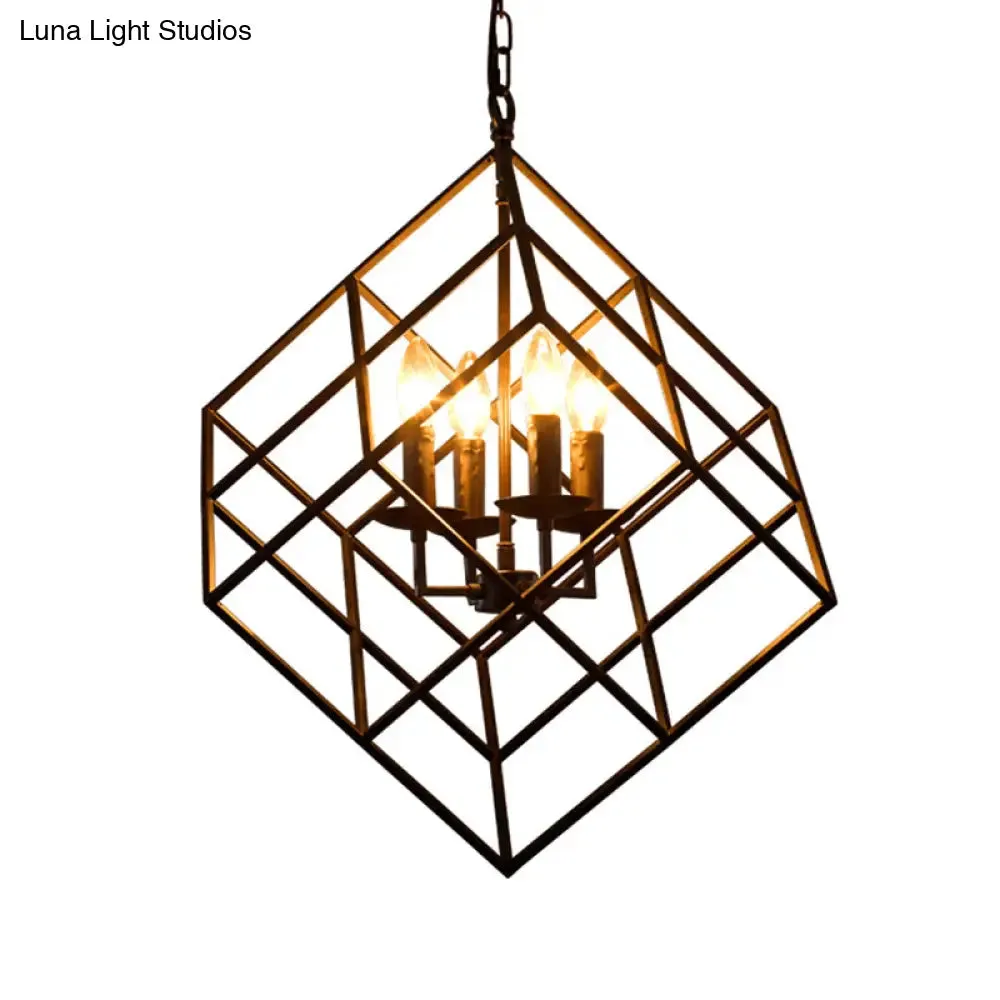 Black Industrial Metal Wire Square Chandelier Light - 4 Lights for Restaurant Ceiling