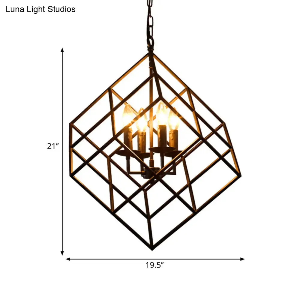 Black Industrial Metal Wire Square Chandelier Light - 4 Lights for Restaurant Ceiling