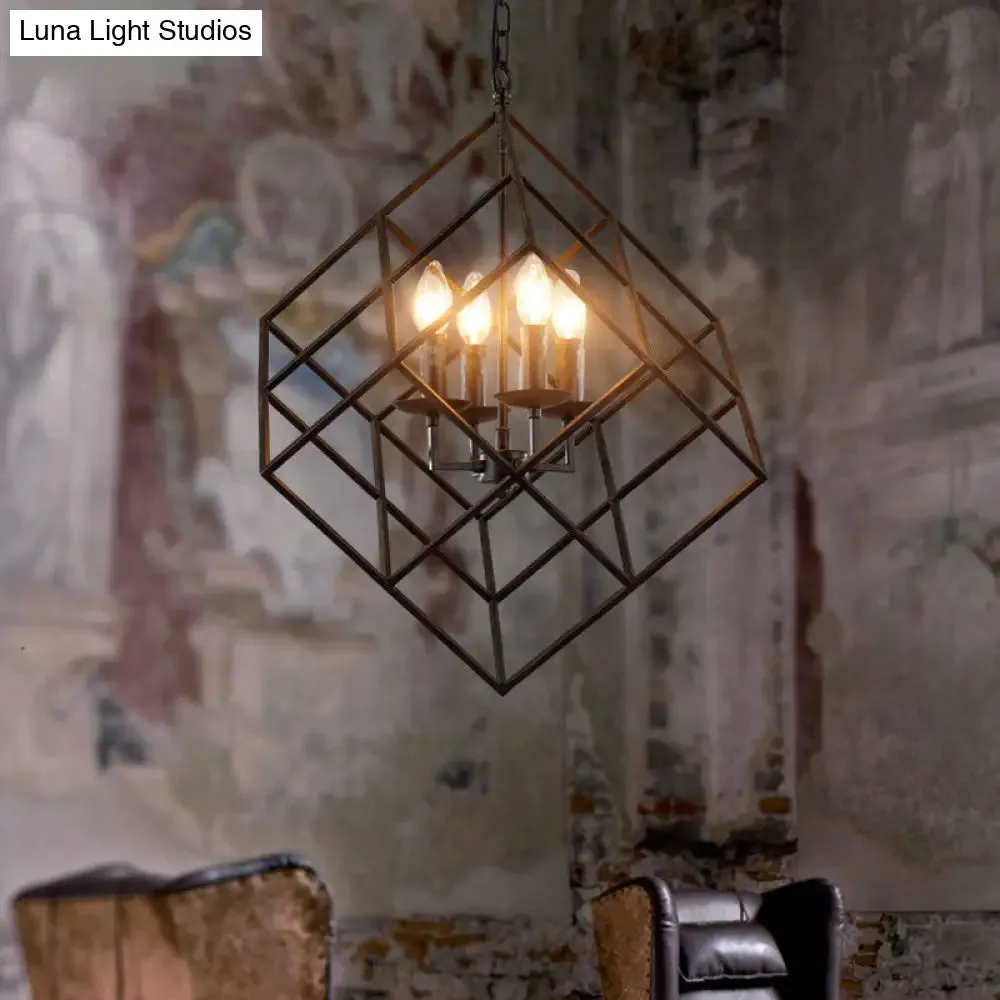 Black Industrial Metal Wire Square Chandelier Light - 4 Lights for Restaurant Ceiling