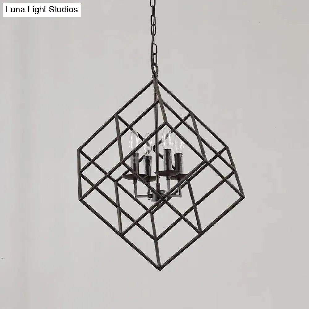 Black Industrial Metal Wire Square Chandelier Light - 4 Lights for Restaurant Ceiling