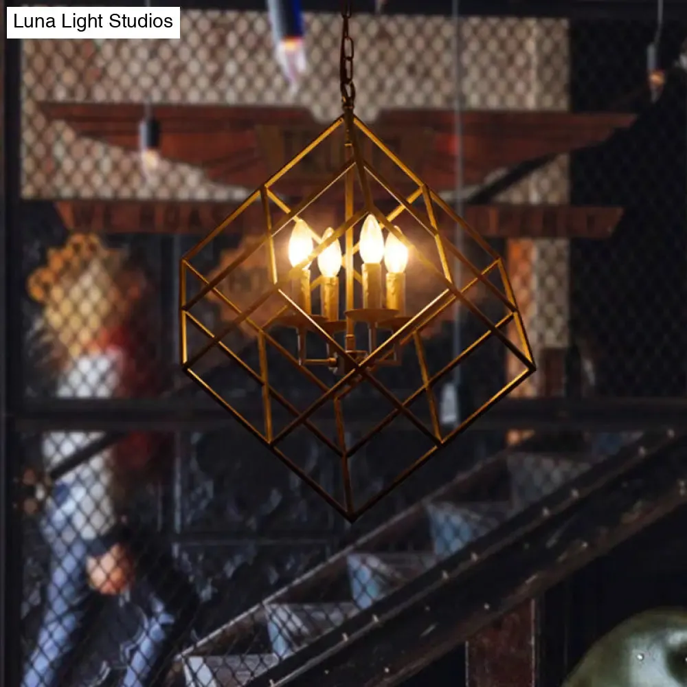 Black Industrial Metal Wire Square Chandelier Light - 4 Lights for Restaurant Ceiling