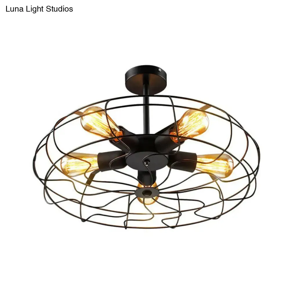 Black Iron Fan Cage Chandelier with 5 Bulbs - Simple Ceiling Light Fixture