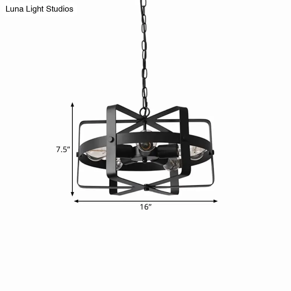 Black Retro Loft Caged Pendant Chandelier - 5-Light Iron Fixture for Dining Room