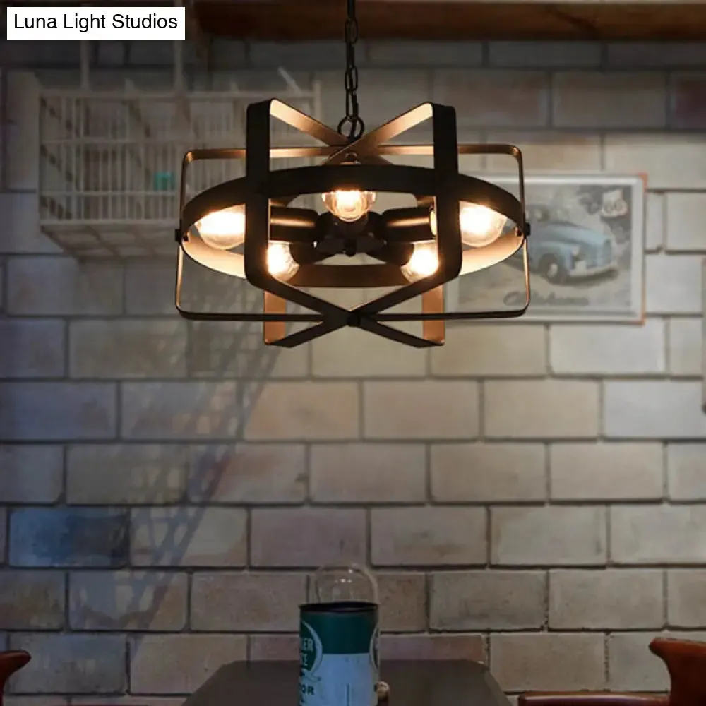 Black Retro Loft Caged Pendant Chandelier - 5-Light Iron Fixture for Dining Room