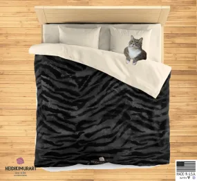 Black Tiger Stripe Duvet Cover, Gray Animal Print Queen/Twin Size Microfiber Duvet Cover