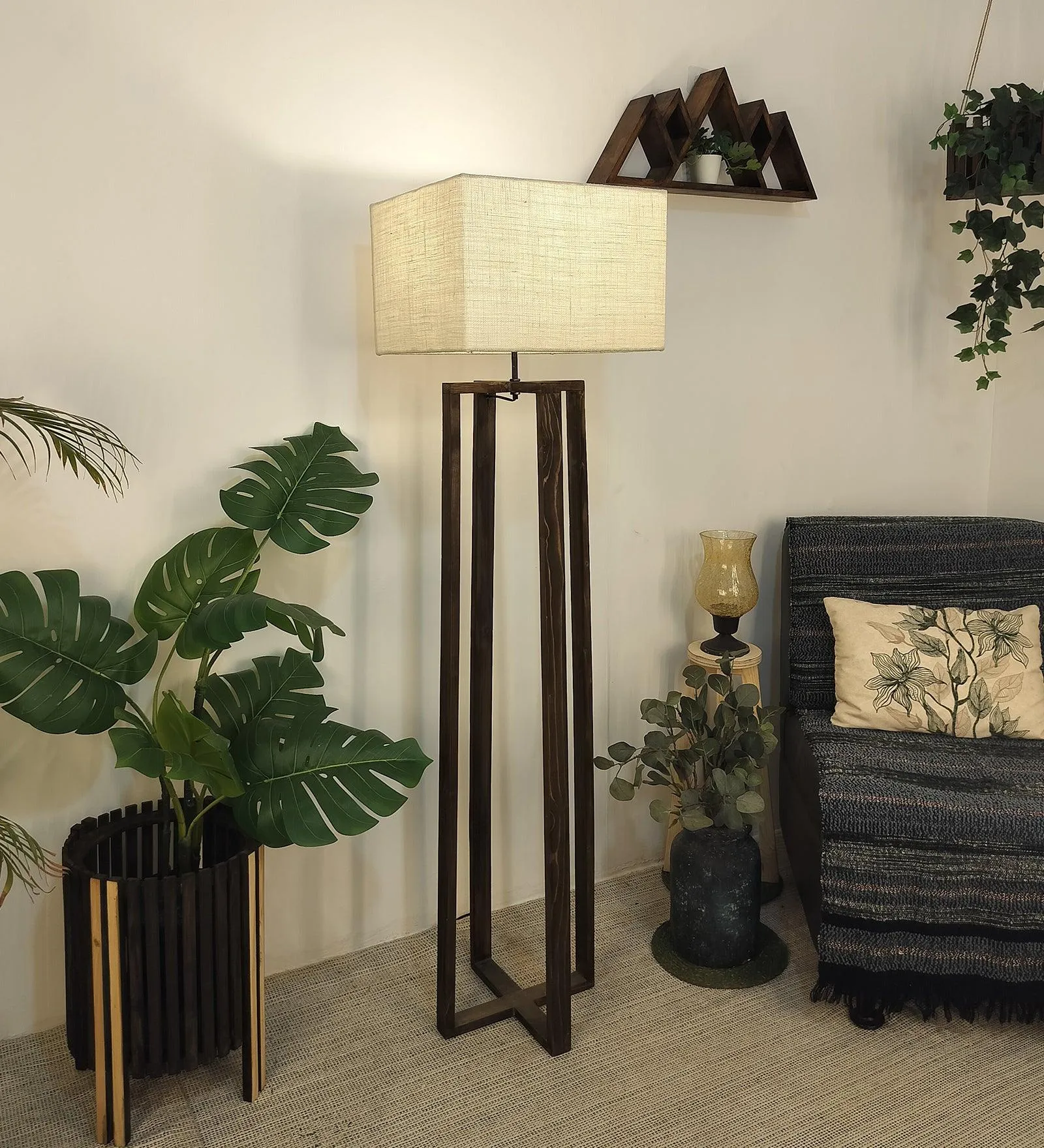 Blender Wooden Floor Lamp with Premium Beige Fabric Lampshade