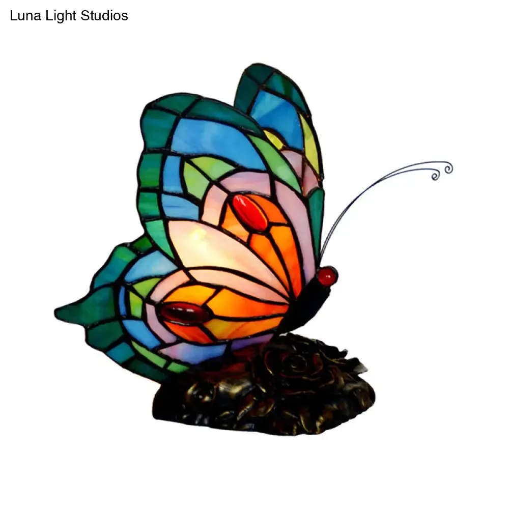 Blue Stained Art Glass Victorian Butterfly Table Lamp - Nightstand Light