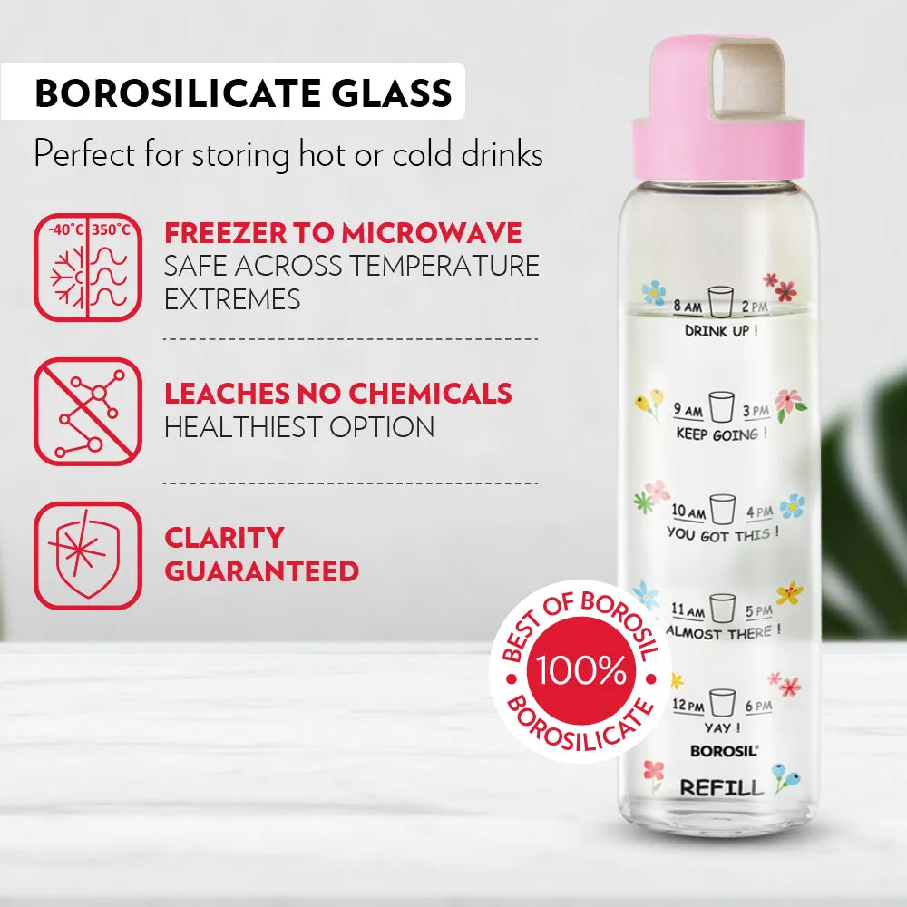 Borosil AM - PM Glass Bottle w Husk Lid, Pink