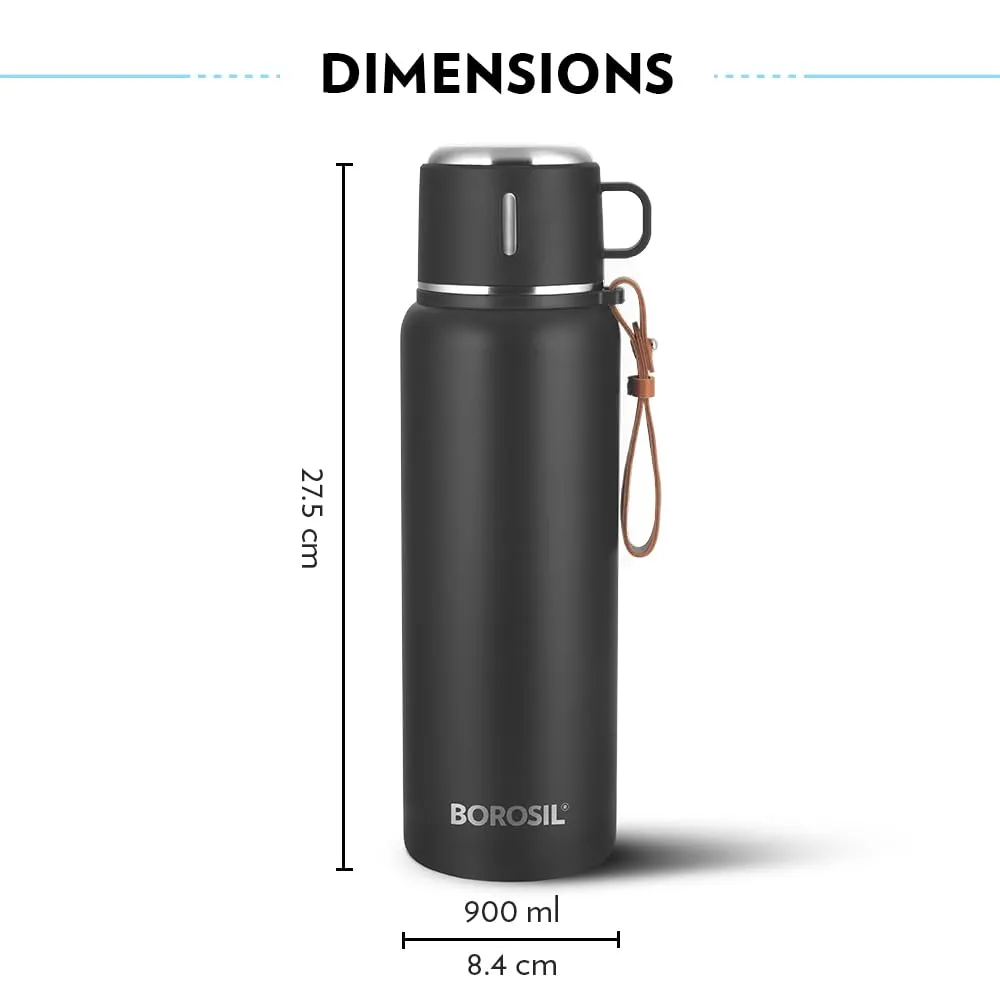 Borosil Hydra Cruise 900 ml Insulated Water Bottle, Black Stainless Steel Bottle, with Double Wall Vacuum Insulation, 17 Hours Hot & 20 Hours Cold, 1 Year Warranty