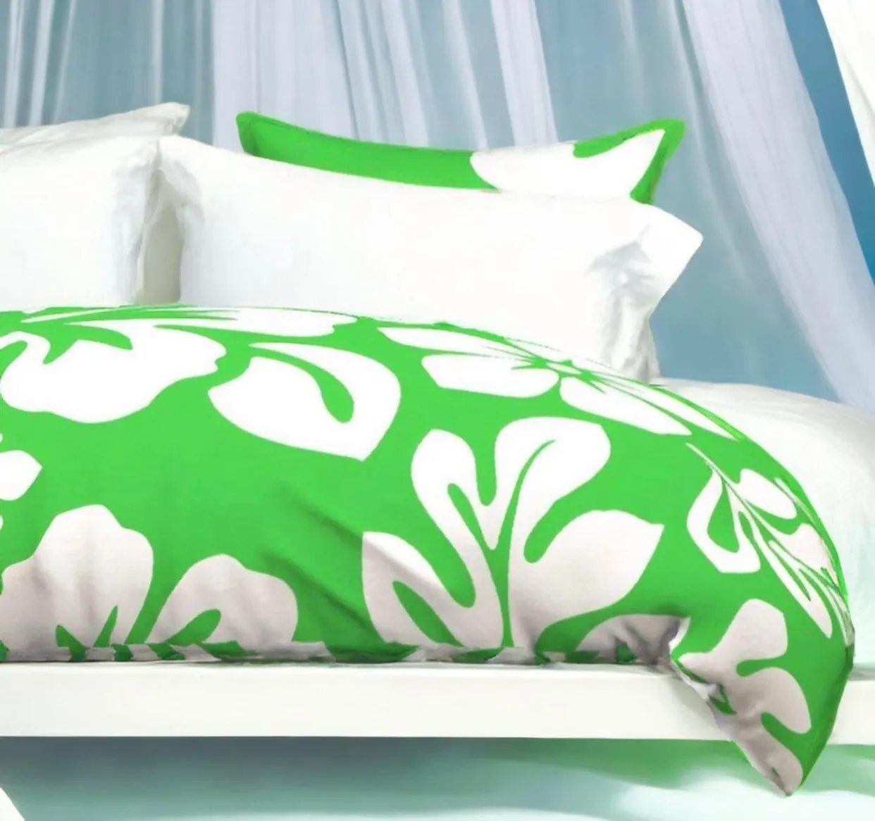 Bright Lime Green and White Hibiscus and Hawaiian Flowers Duvet Cover -Large Scale