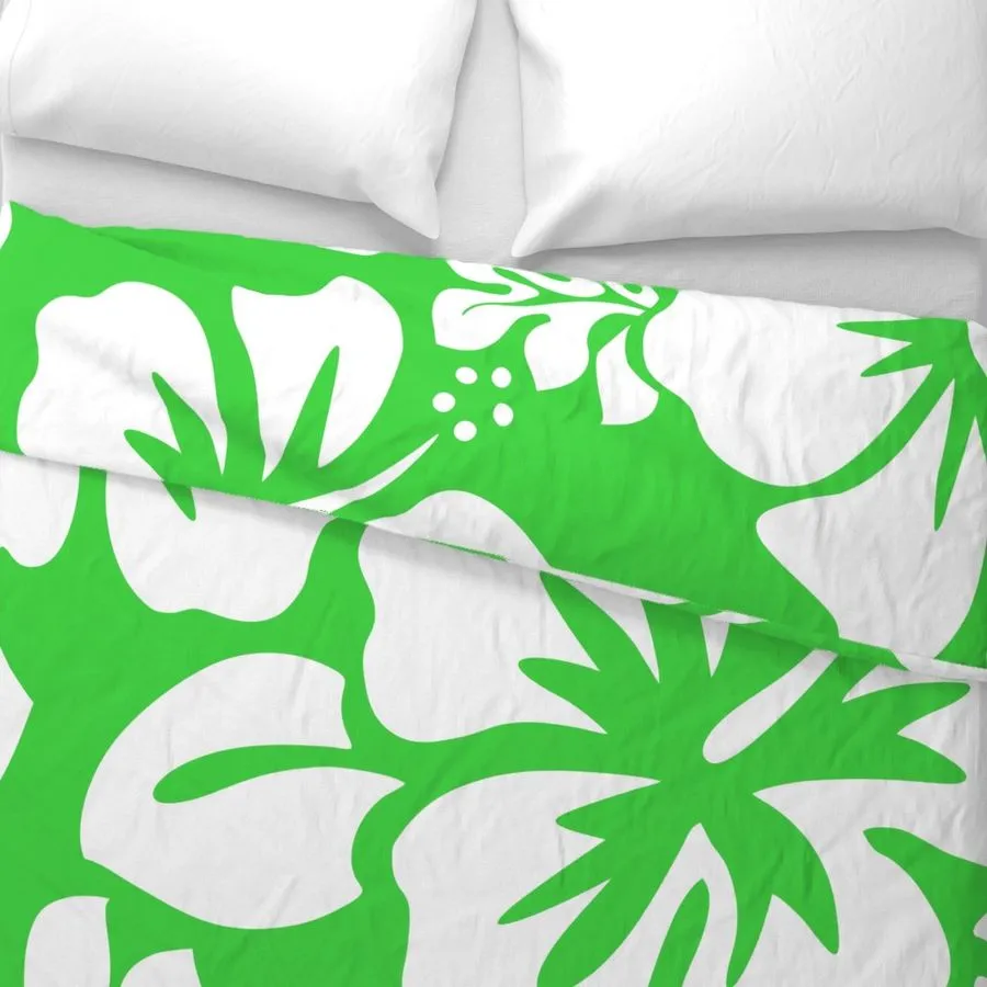 Bright Lime Green and White Hibiscus and Hawaiian Flowers Duvet Cover -Large Scale