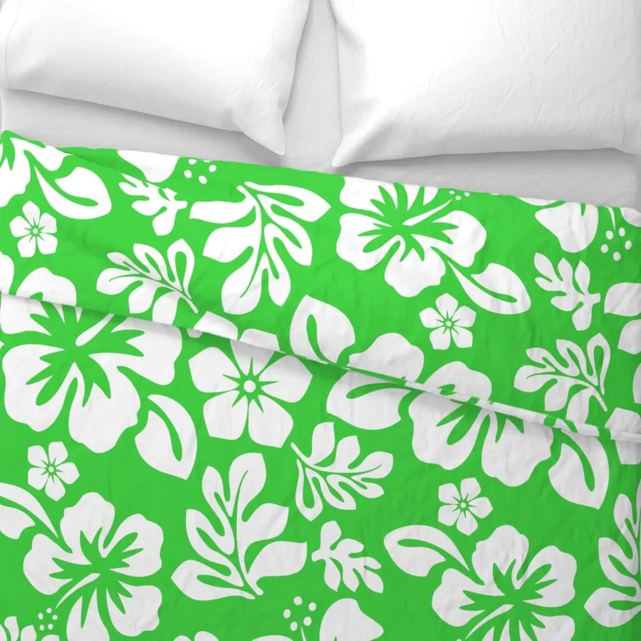 Bright Lime Green and White Hibiscus and Hawaiian Flowers Duvet Cover -Medium Scale