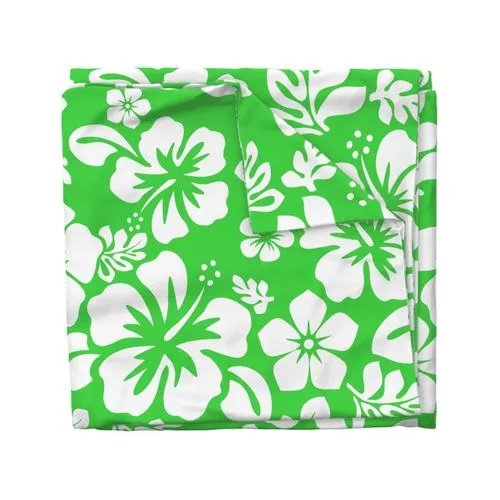 Bright Lime Green and White Hibiscus and Hawaiian Flowers Duvet Cover -Medium Scale