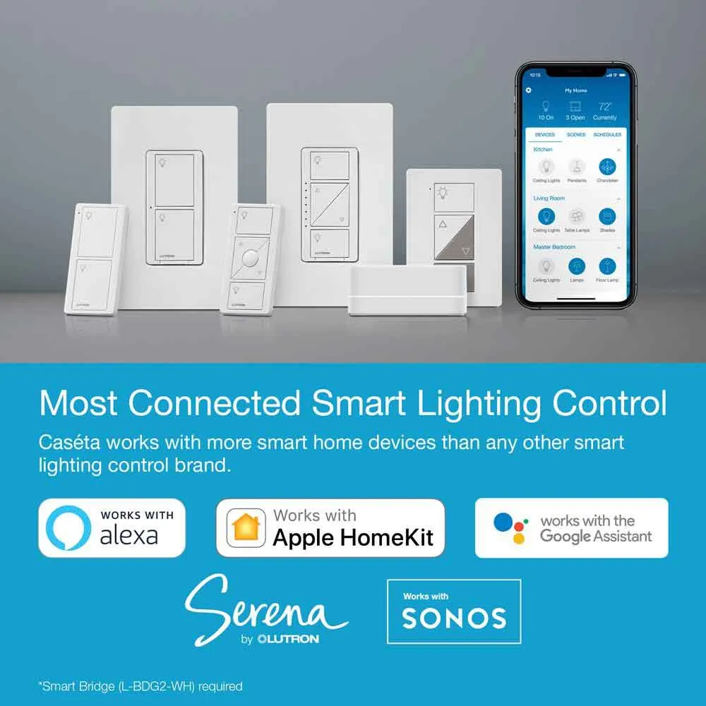 Caseta Wireless Smart Dimmer Switch, ELV/LED, 3-Way/Multi-Location, Neutral Required, Light Almond