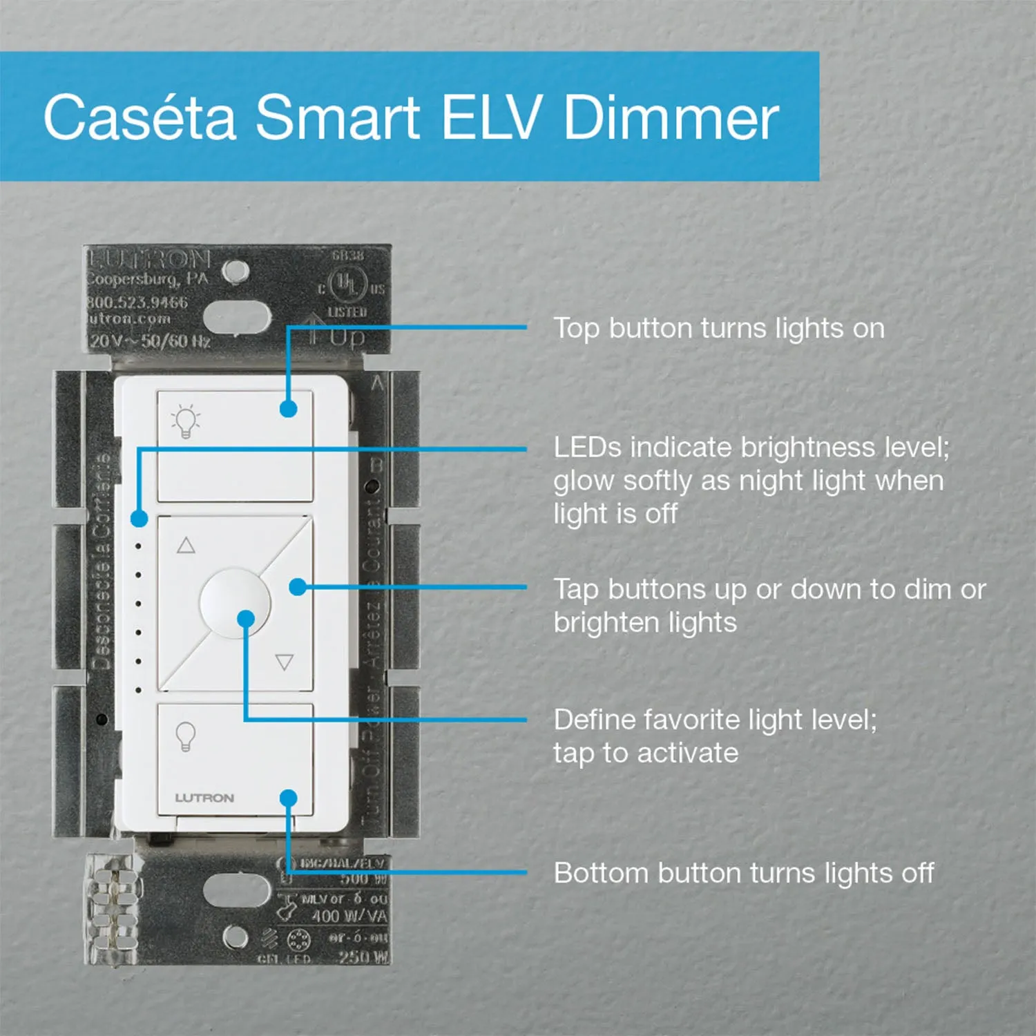 Caseta Wireless Smart Dimmer Switch, ELV/LED, 3-Way/Multi-Location, Neutral Required, Light Almond