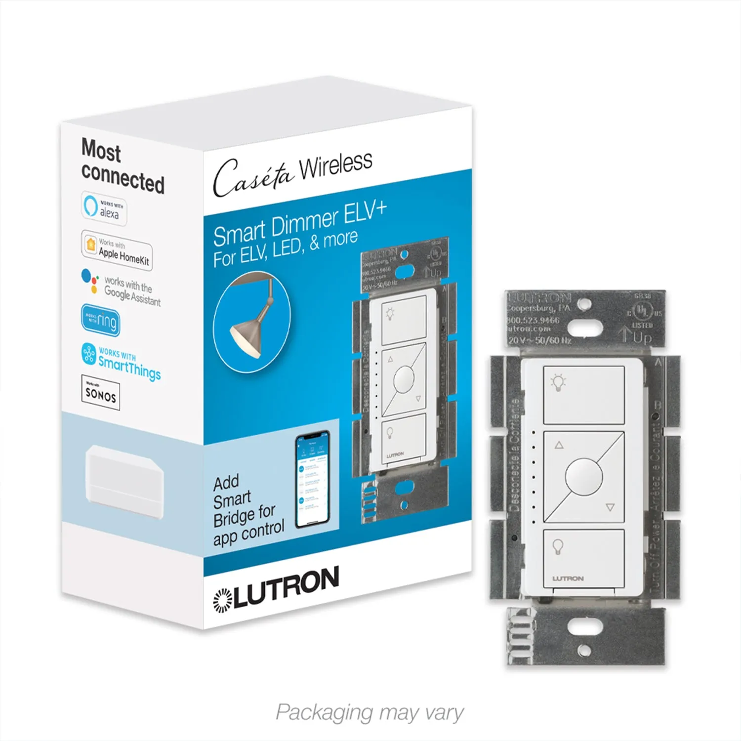 Caseta Wireless Smart Dimmer Switch, ELV/LED, 3-Way/Multi-Location, Neutral Required, White