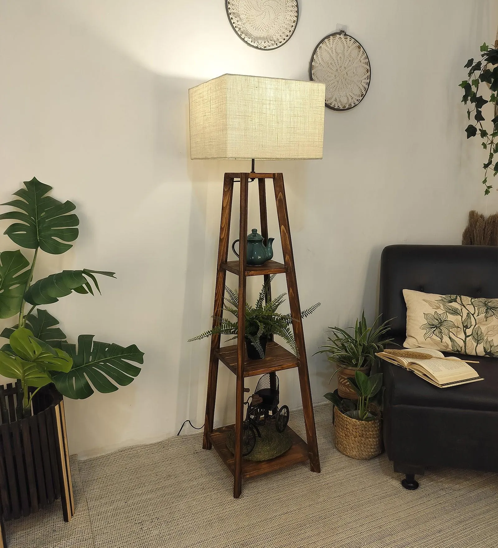 Charlotte Wooden Floor Lamp with Brown Base and Jute Fabric Lampshade