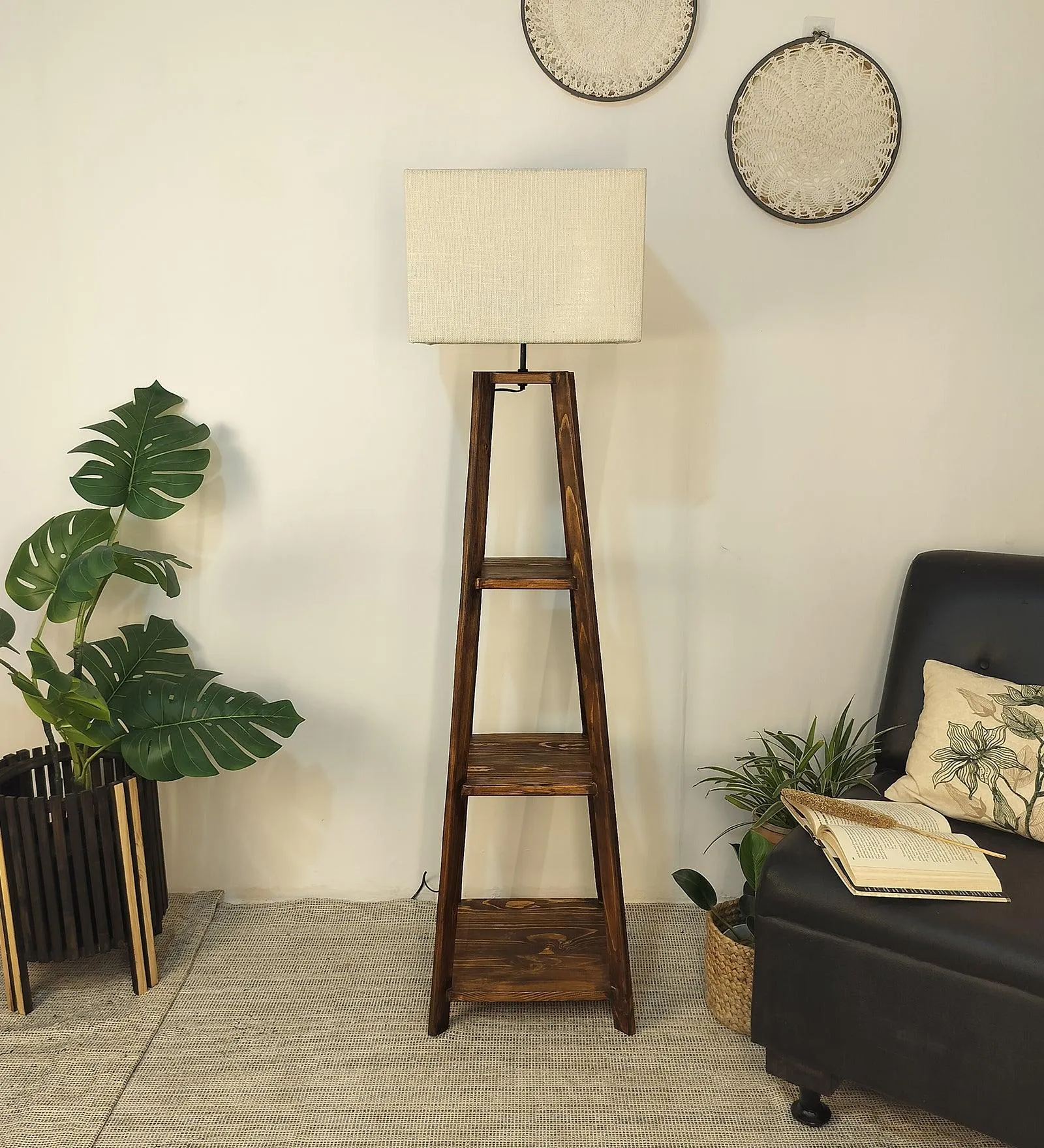 Charlotte Wooden Floor Lamp with Brown Base and Jute Fabric Lampshade