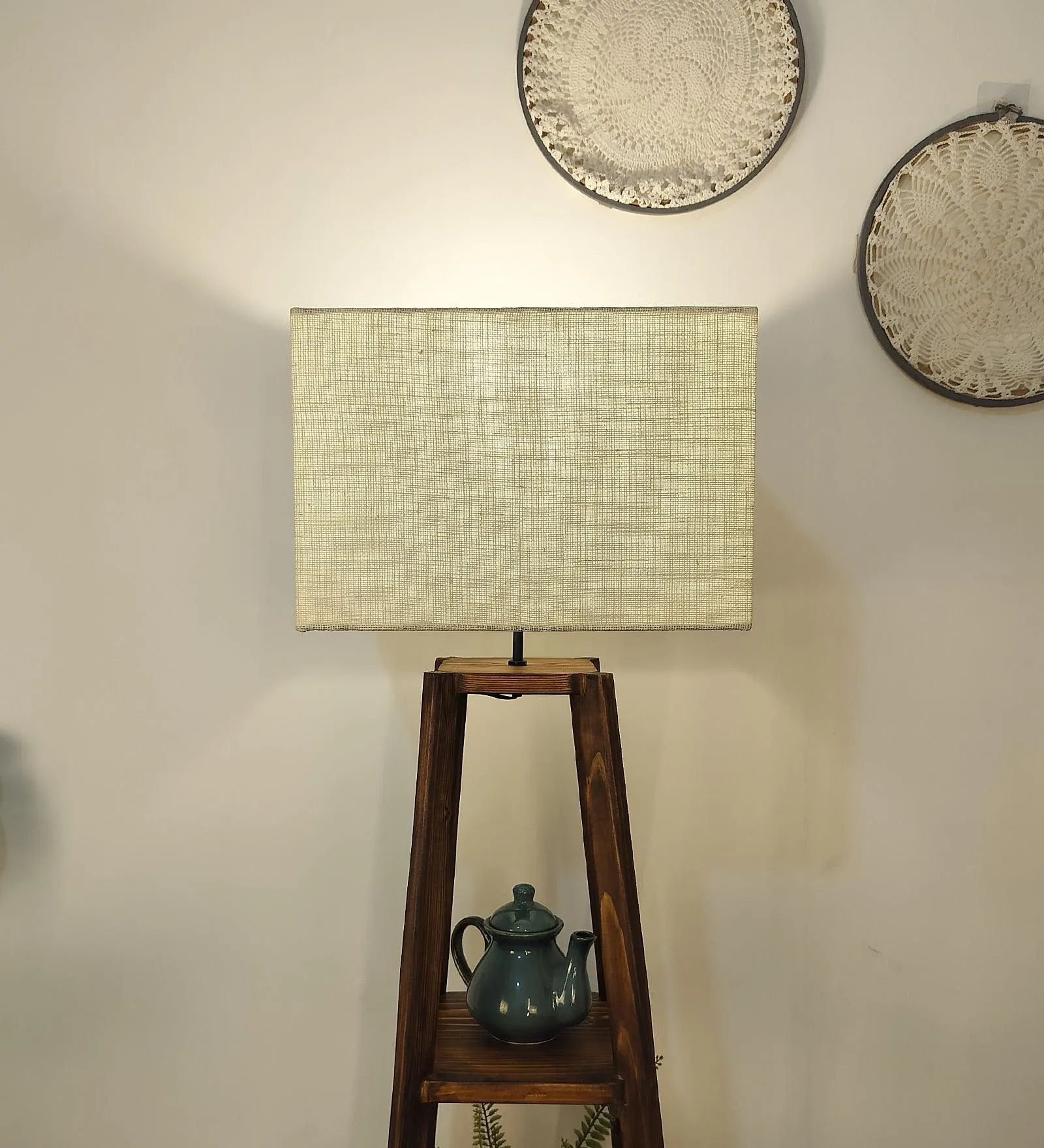 Charlotte Wooden Floor Lamp with Brown Base and Jute Fabric Lampshade