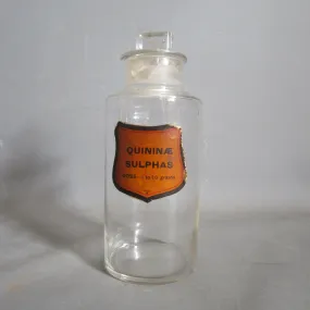 Chemists Apothecary Bottle With Original Label Quinine Sulphas Antique c1920