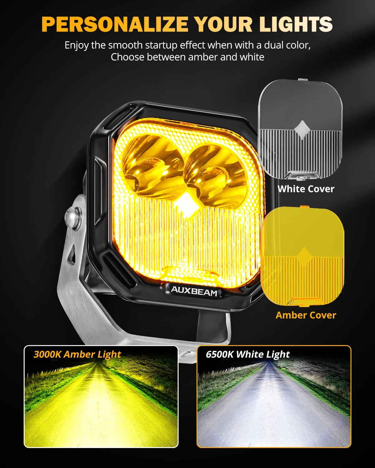 Color Play Series 3 Inch 100W LED Pod Lights Off Road Lights with White DRL & Amber Turn Signal Lights