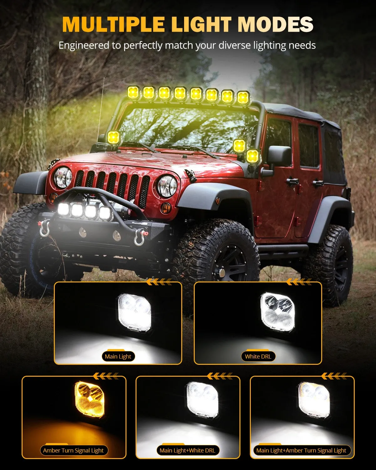 Color Play Series 3 Inch 100W LED Pod Lights Off Road Lights with White DRL & Amber Turn Signal Lights