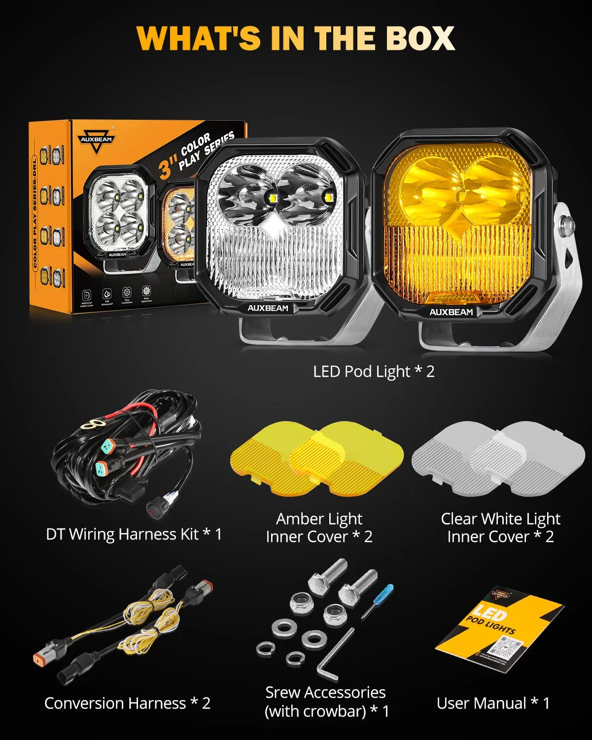 Color Play Series 3 Inch 100W LED Pod Lights Off Road Lights with White DRL & Amber Turn Signal Lights