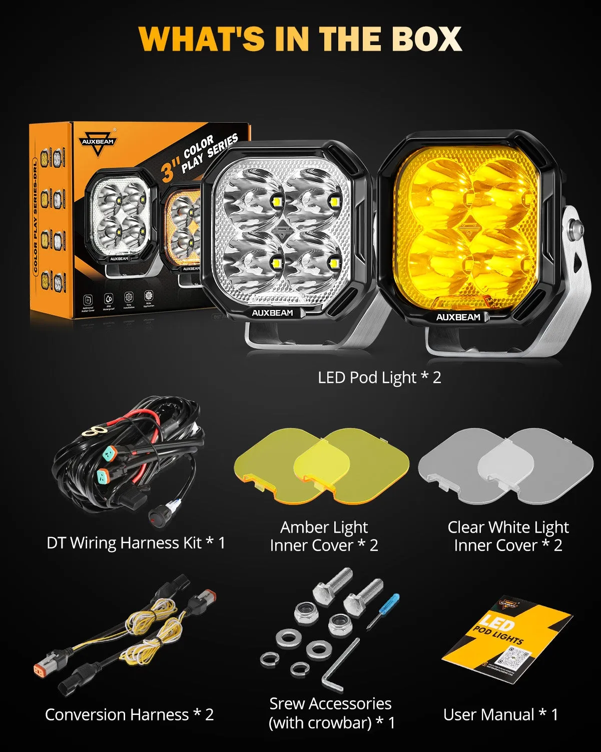 Color Play Series 3 Inch 100W Spot LED Pod Lights Off Road Lights with White DRL & Amber Turn Signal Lights