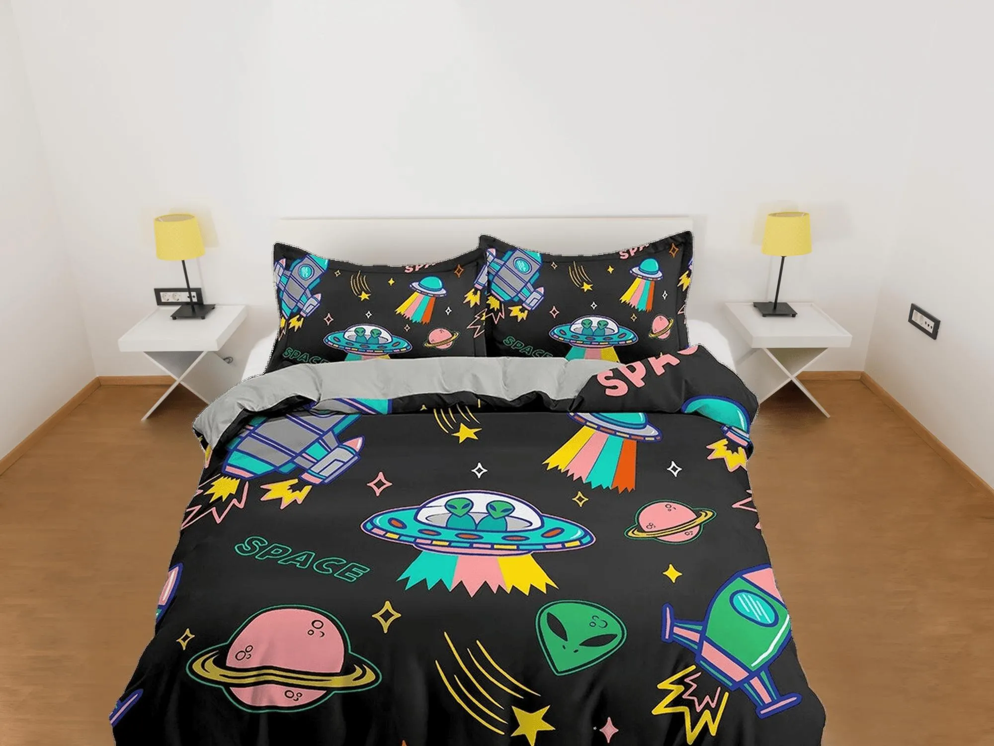 Colorful Spaceship Galaxy Bedding, Duvet Cover Set & Pillowcase, Zipper Bedding, Dorm Bedding, Teens Adult Duvet King Queen Full Twin Single