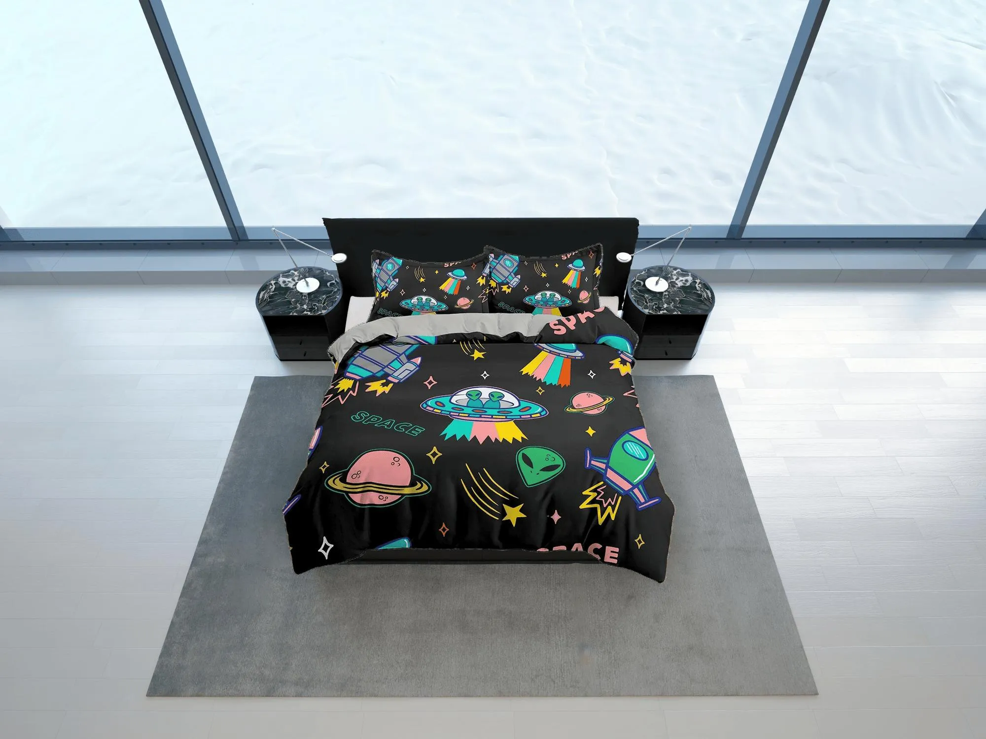 Colorful Spaceship Galaxy Bedding, Duvet Cover Set & Pillowcase, Zipper Bedding, Dorm Bedding, Teens Adult Duvet King Queen Full Twin Single