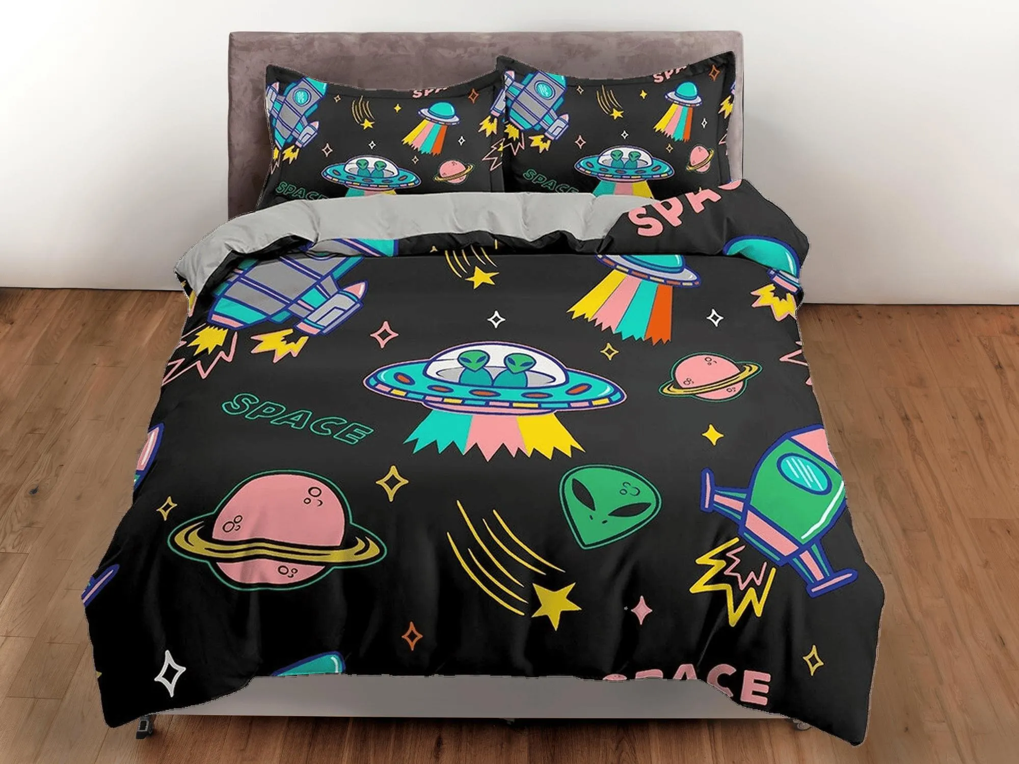 Colorful Spaceship Galaxy Bedding, Duvet Cover Set & Pillowcase, Zipper Bedding, Dorm Bedding, Teens Adult Duvet King Queen Full Twin Single