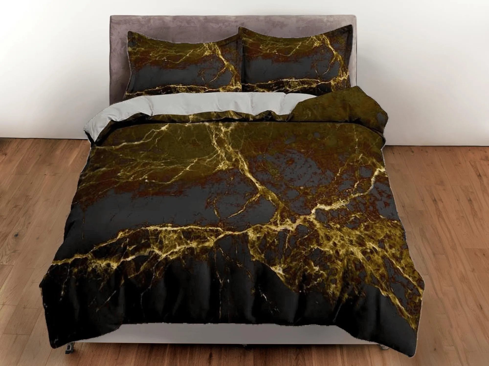 Contemporary bedroom set rustic aesthetic duvet cover, luxury gold alcohol ink abstract art room decor boho chic bedding set full king queen