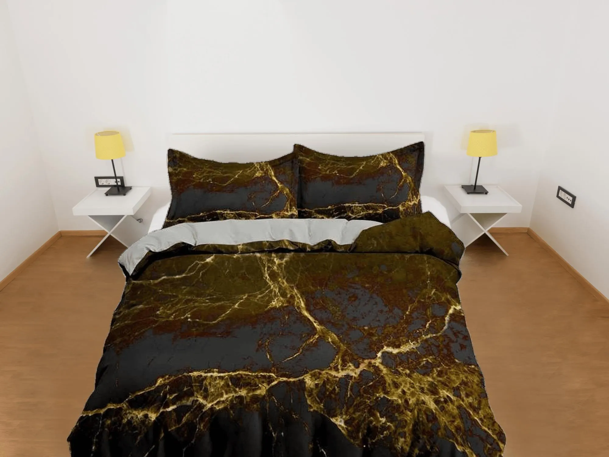 Contemporary bedroom set rustic aesthetic duvet cover, luxury gold alcohol ink abstract art room decor boho chic bedding set full king queen