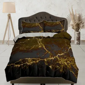 Contemporary bedroom set rustic aesthetic duvet cover, luxury gold alcohol ink abstract art room decor boho chic bedding set full king queen