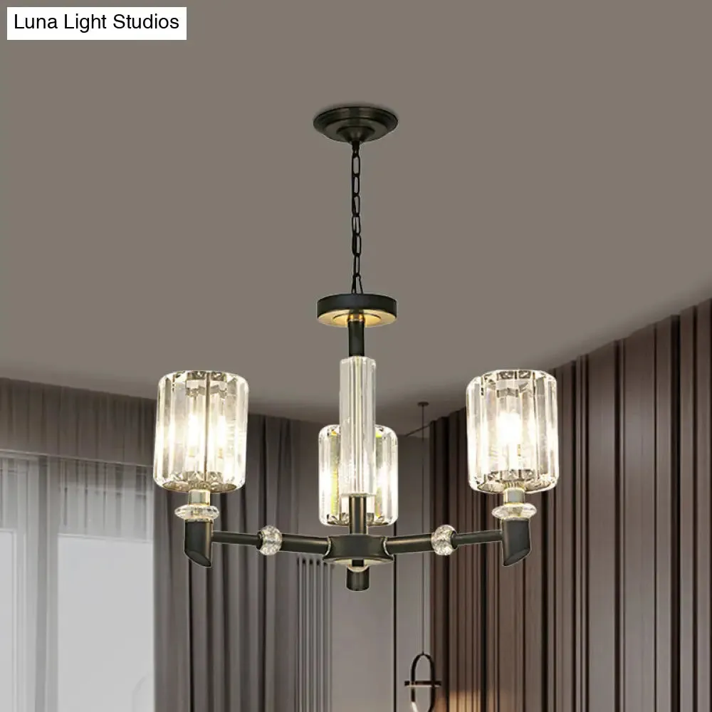 Contemporary Clear Crystal Chandelier with Black Metal Frame - 3/6 Bulb Cylinder Shade Ceiling Light