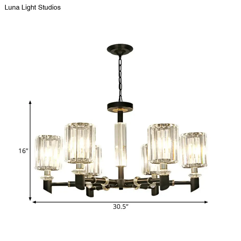 Contemporary Clear Crystal Chandelier with Black Metal Frame - 3/6 Bulb Cylinder Shade Ceiling Light