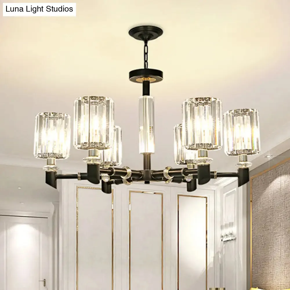 Contemporary Clear Crystal Chandelier with Black Metal Frame - 3/6 Bulb Cylinder Shade Ceiling Light