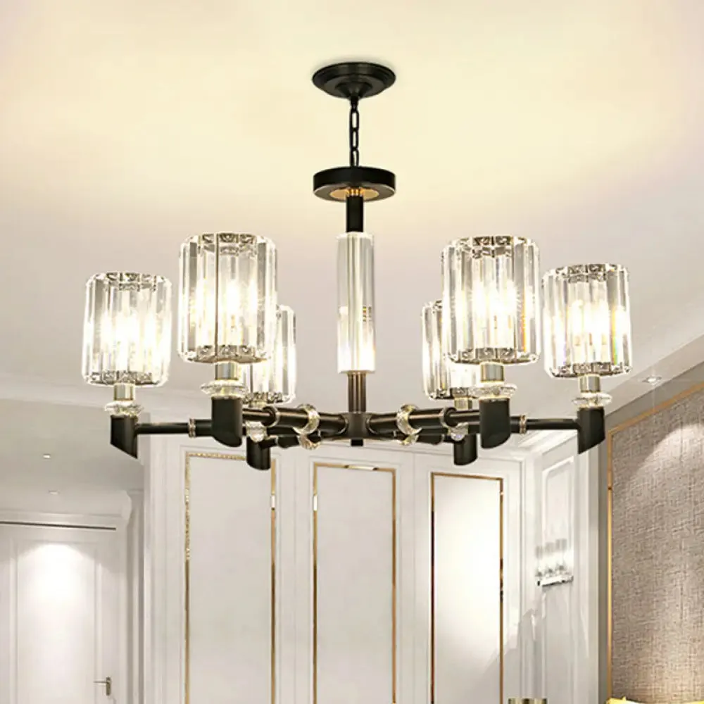 Contemporary Clear Crystal Chandelier with Black Metal Frame - 3/6 Bulb Cylinder Shade Ceiling Light