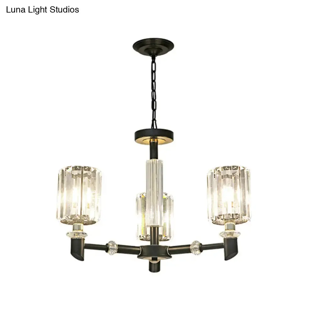 Contemporary Clear Crystal Chandelier with Black Metal Frame - 3/6 Bulb Cylinder Shade Ceiling Light