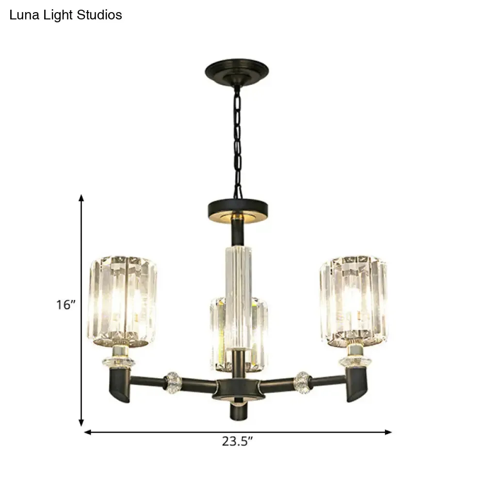 Contemporary Clear Crystal Chandelier with Black Metal Frame - 3/6 Bulb Cylinder Shade Ceiling Light