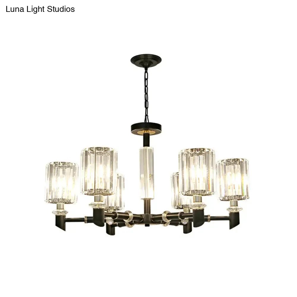 Contemporary Clear Crystal Chandelier with Black Metal Frame - 3/6 Bulb Cylinder Shade Ceiling Light