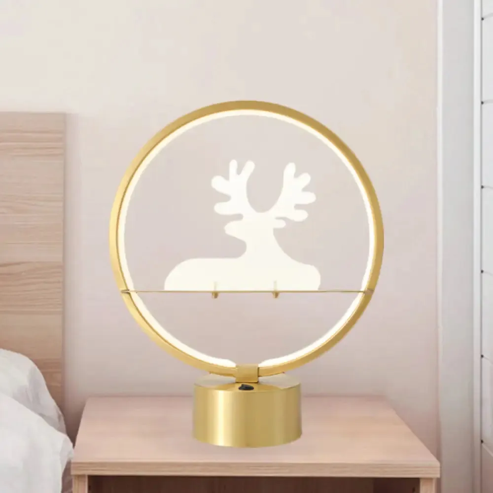 Contemporary Gold LED Table Lamp with Elk Detail - Metallic Nightstand Light